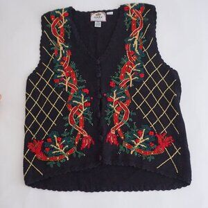 Vintage TIARA Black Embroidered Holly Lattice Christmas Festive Knit Vest 18